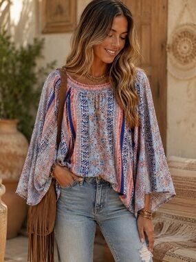 new directions Blue & Coral Printed Peasant Blouse